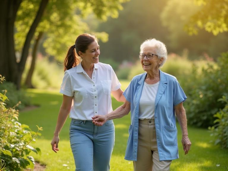 Caregiver helping with outdoor activities and walks