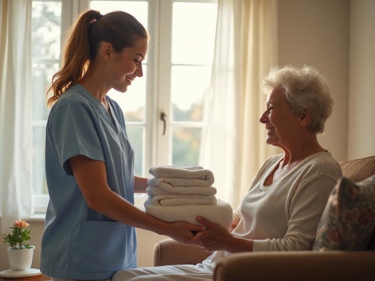 Caregiver tidying a senior's home as part of light housekeeping