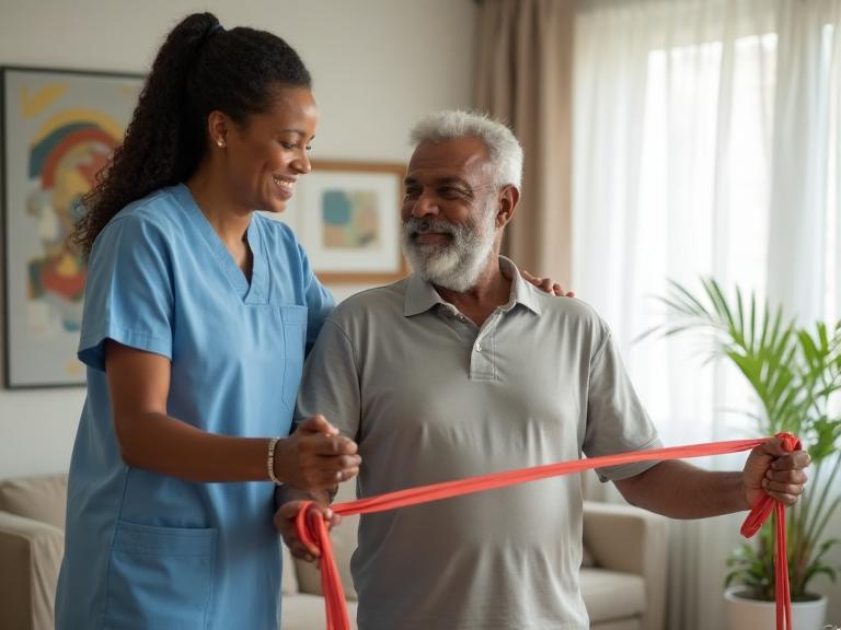 Caregiver helping with personal care exercises